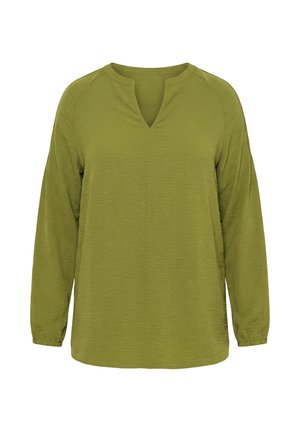 Olivgrüne Bluse mit langem Ärmel aus strukturierter Stoffqualität und V-förmigem Ausschnitt, dargestellt vor einem schlichten weißen Hintergrund.