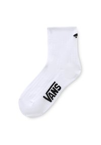 Vit bomullsocka med ribbad textur, som har en svart "VANS"-logotyp tryckt på sidan och en kontrasterande svart detalj.