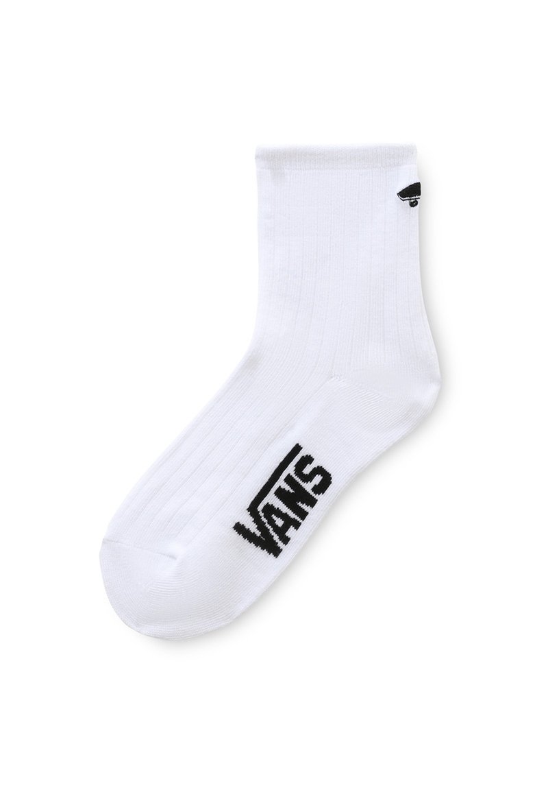 Vit bomullsocka med ribbad textur, som har en svart "VANS"-logotyp tryckt på sidan och en kontrasterande svart detalj.