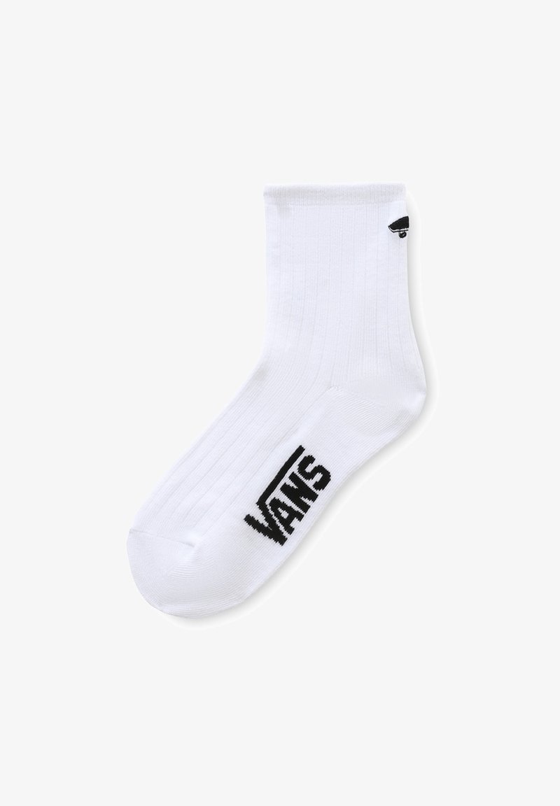 Chaussette en coton blanc à hauteur de cheville avec texture côtelée, ornée d'un logo "VANS" noir imprimé sur le côté et d'un accent noir contrastant.