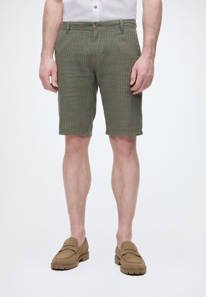 Mann iført grønnstripete shorts til knærne, hvit skjorte og brune loafers, stående mot en ensfarget hvit bakgrunn.