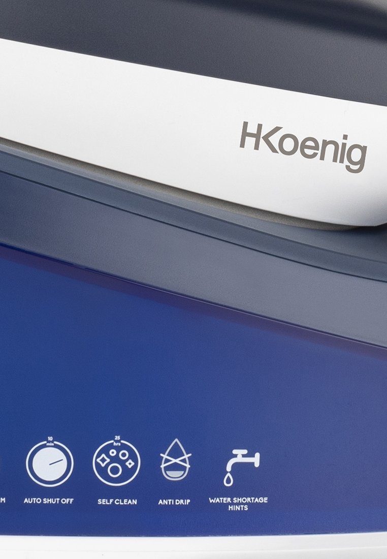 Appareil HKoenig avec un dessus lisse blanc et un corps bleu. Comprend des icônes pour les fonctions : minuterie, arrêt automatique, auto-nettoyage, anti-goutte, indications d'eau.