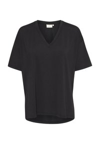 T-shirt nera con scollo a V e maniche corte, vestibilità ampia e texture liscia. Presenta un'etichetta del marchio discreta sul colletto.