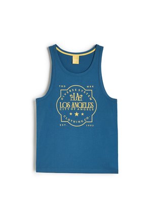 Niebieski bawełniany top na ramionka z żółtym nadrukiem graficznym z napisem "LOS ANGELES" i akcentami w postaci palm, okrągłym dekoltem i bez rękawów.