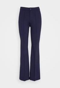 Pantalon évasé bleu marine en tissu extensible avec une texture lisse. Doté d'une fermeture à boutons sur le devant et de coutures verticales décoratives.