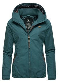 Teal hoodie met een rits aan de voorkant, zijzakken en een gemusterde binnenvoering. Aangevuld met bruine leren details.