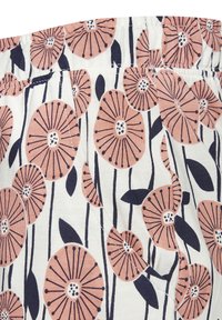Fabric with a white background featuring large, pink flowers outlined in navy. Black stems and leaves extend from each blossom.