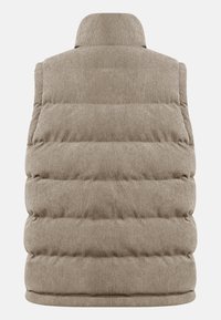 Beige kordbársony puffos mellény függőleges csatornákkal, magas gallérral és sima textúrával, bordázott anyaggal a további melegségért.