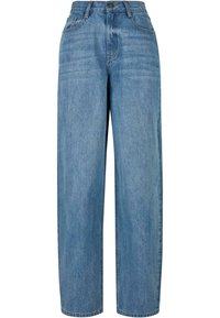 Light blue denim jeans with a straight leg design, featuring a button closure, five pockets, and subtle fading throughout the fabric.