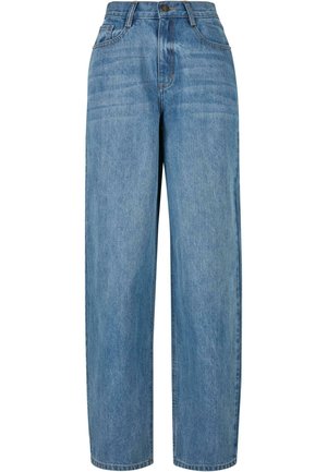 Hellblaue Jeans aus Denim mit geradem Schnitt, ausgestattet mit einem Knopfverschluss, fünf Taschen und subtilen Ausbleichungen im gesamten Stoff.