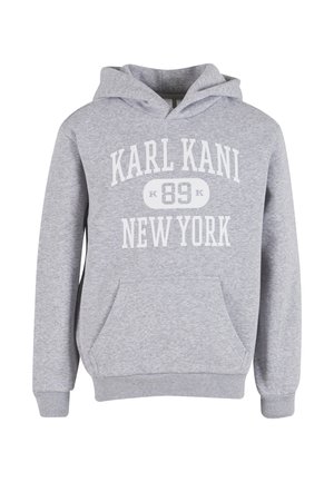 Grauer Hoodie mit Kängurutasche und elastischen Bündchen, mit weißem Text "KARL KANI" und "NEW YORK" sowie der Zahl "89".