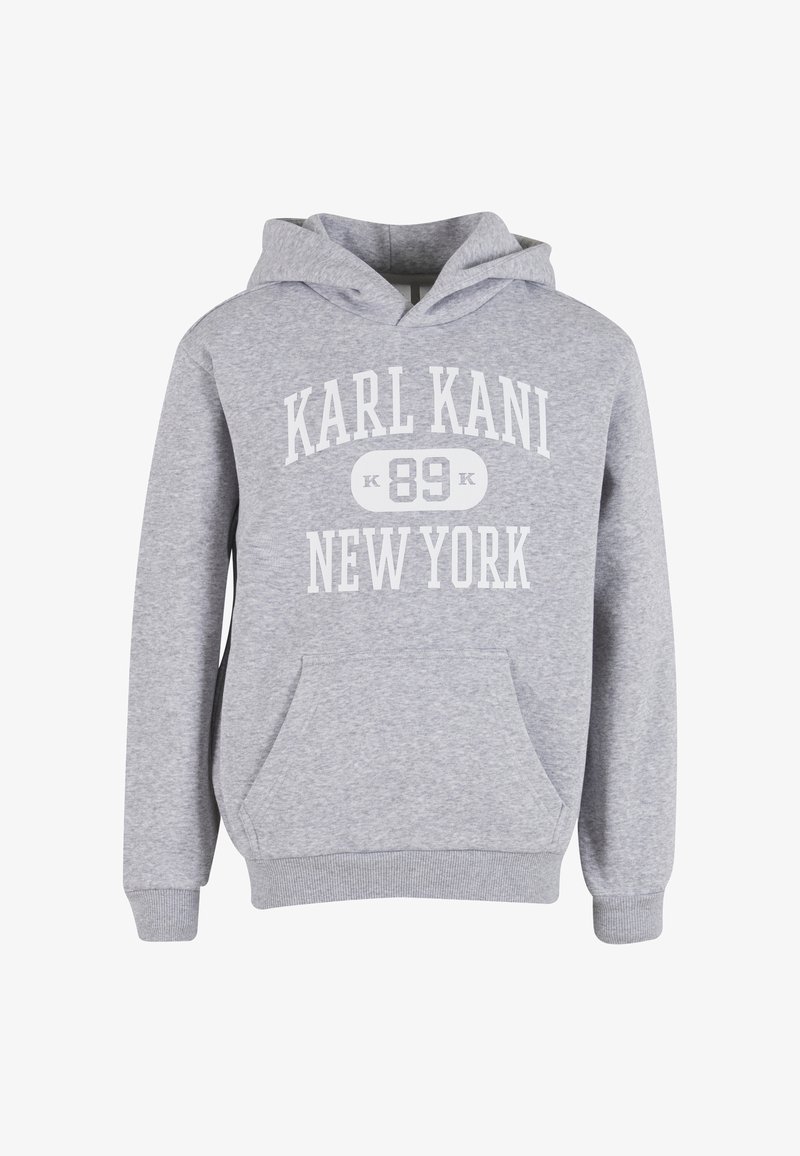 Sweat à capuche gris avec une poche avant et des poignets côtelés, arborant un texte blanc "KARL KANI" et "NEW YORK" ainsi que le chiffre "89".
