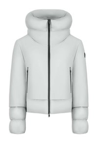 Giacca puffer grigio chiaro con colletto alto, zip frontale e due tasche con zip. Maniche rotonde e in peluche con design cropped. Texture liscia.