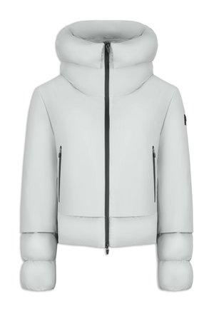 Lys grå pufferjakke med høj krave, frontlynlås og to lynlåslommer. Runde, bløde ærmer og et cropped design. Glat tekstur.