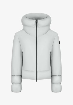 Light gray puffer jacket with a high collar, front zipper, and two zippered pockets. Round, plush sleeves and a cropped design. Smooth texture.