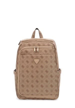 Beige gemusterter Rucksack mit doppeltem Reißverschluss, Oberhandgriff und Seitentaschen. Verfügt über ein Logoschild in der Mitte vorne und strukturierte Stoffoberfläche.