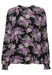 Blomstret bluse i sort med lilla og pink blomster samt grønne blade. Lange ærmer med elastiske manchetter og en rynket halsudskæring.