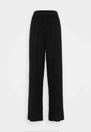 Fekete, bő szárú nadrág, könnyű anyagból készült, rugalmas derékkal és zsinórral, látható minták vagy díszítések nélkül.