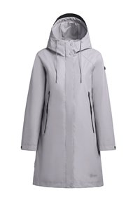 Imperméable à capuche gris clair avec fermeture éclair à l'avant et boutons-pression, poches zippées noires et cordons réglables sur la capuche.