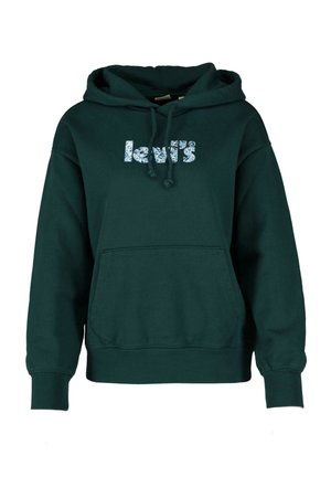 Sweat à capuche vert foncé avec poche kangourou et logo "Levi's" bleu à motifs sur la poitrine, avec capuche à cordon de serrage et poignets côtelés.