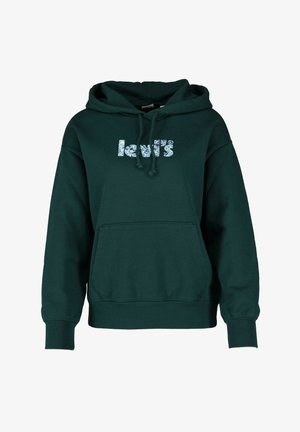 Sudadera con capucha verde oscuro con bolsillo frontal tipo canguro y logo "Levi's" azul con patrón en el pecho, con capucha ajustable con cordón y puños acanalados.