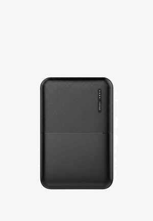 Power bank rettangolare nero con superficie testurizzata, bordi arrotondati e indicatore LED della batteria sul lato; capacità di 10.000 mAh.