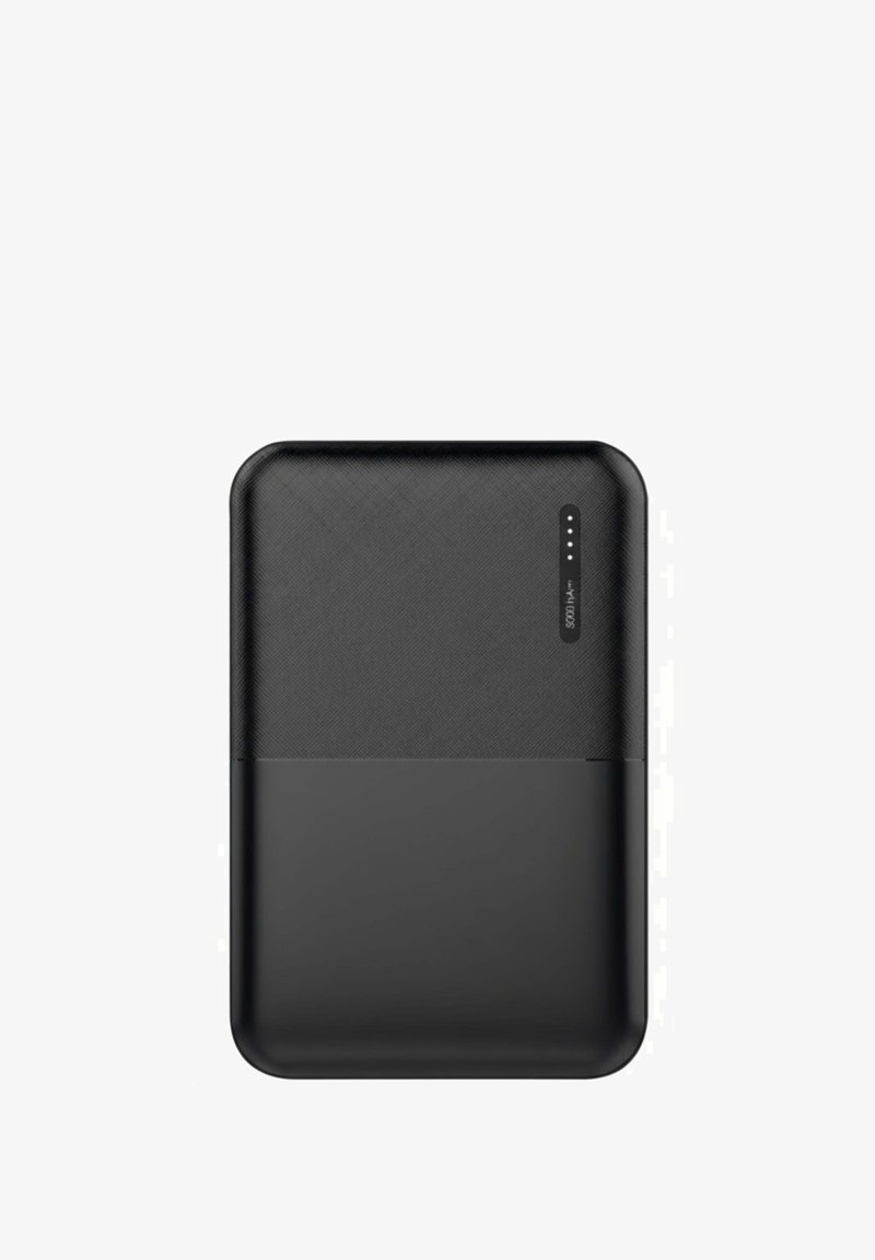 Zwarte rechthoekige powerbank met een gestructureerd oppervlak, afgeronde hoeken en een LED-batterij-indicator aan de zijkant; capaciteit van 10.000 mAh.