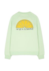 Mintgrön sweatshirt med en gul citron grafik och texten "ACQUA LIMONE" på baksidan. Slät tyg, rund halsringning, raglanärmar.