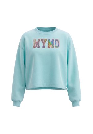 Lyseblå cropped sweatshirt med lange ærmer og flerfarvede palietbogstaver, der staver "MYMO" over brystet.