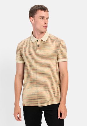 Beige Poloshirt mit kurzen Ärmeln und mehrfarbigen Streifen. Verfügt über einen umgeschlagenen Kragen, eine Drei-Knopf-Leiste und ein dezentes Logo-Detail.