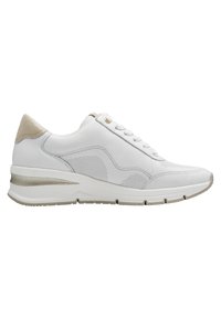 Weiße Sneaker aus Leder und Mesh, mit einem strukturierten Design, Schnürverschluss und beigen Akzenten an Ferse und Sohle.