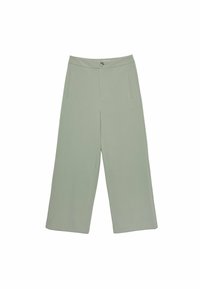 Světle zelené široké kalhoty s vysokým pasem, které mají dvě přední kapsy a jediný knoflík na zapínání. Hladká tkanina s jemnou strukturou.