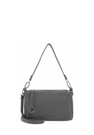 Borsa in pelle grigia con chiusura a zip, tracolla staccabile e manico laterale. Superficie testurizzata con design minimalista e logo del marchio discreto.