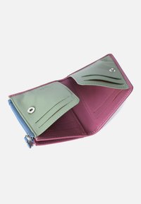 Multicolored wallet featuring green, pink, and blue leather. Includes card slots and a zippered compartment. Smooth texture and snap closure.