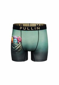 Boxers pour homme dégradés vert-noir avec une ceinture noire arborant la marque "PULLIN" et quatre monstres en cartoon colorés qui jettent un coup d'œil depuis une poche imprimée.