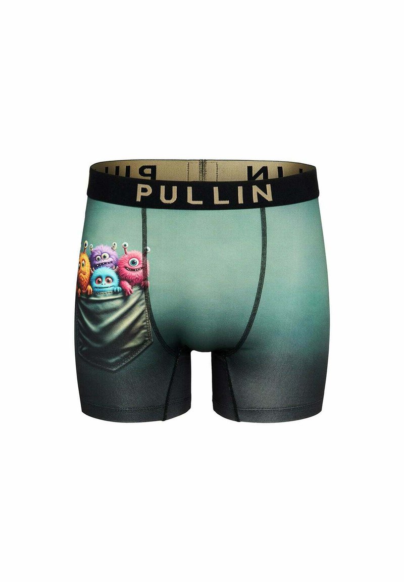 Boxers pour homme dégradés vert-noir avec une ceinture noire arborant la marque "PULLIN" et quatre monstres en cartoon colorés qui jettent un coup d'œil depuis une poche imprimée.