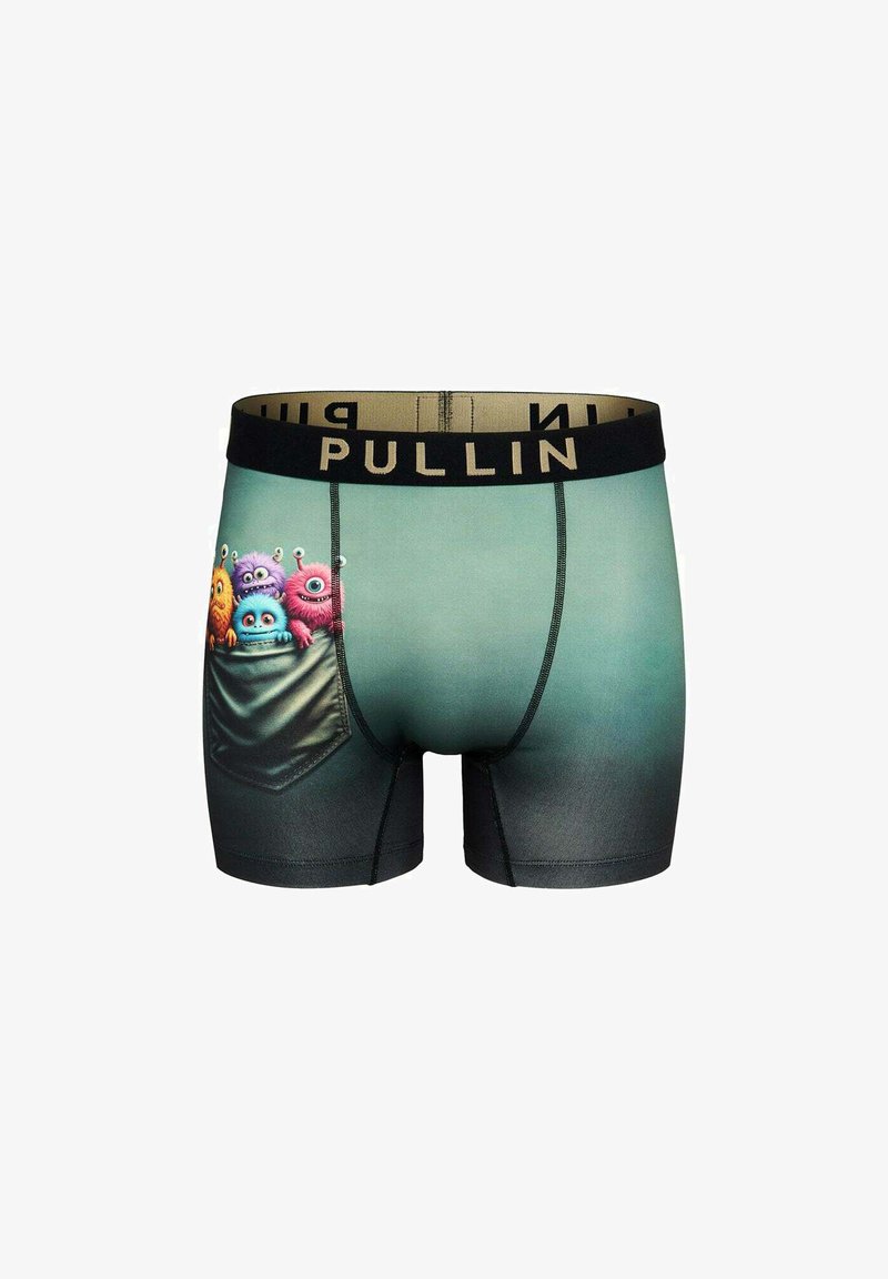 Boxers pour homme dégradés vert-noir avec une ceinture noire arborant la marque "PULLIN" et quatre monstres en cartoon colorés qui jettent un coup d'œil depuis une poche imprimée.