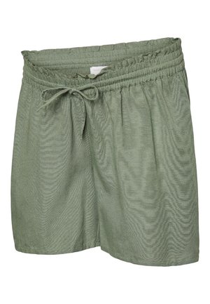 Light green casual shorts with elastic waistband and drawstring tie, made of lightweight textured fabric.