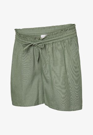 Pantalones cortos casuales de color verde claro con cinturilla elástica y cordón, hechos de tela ligera y texturizada.