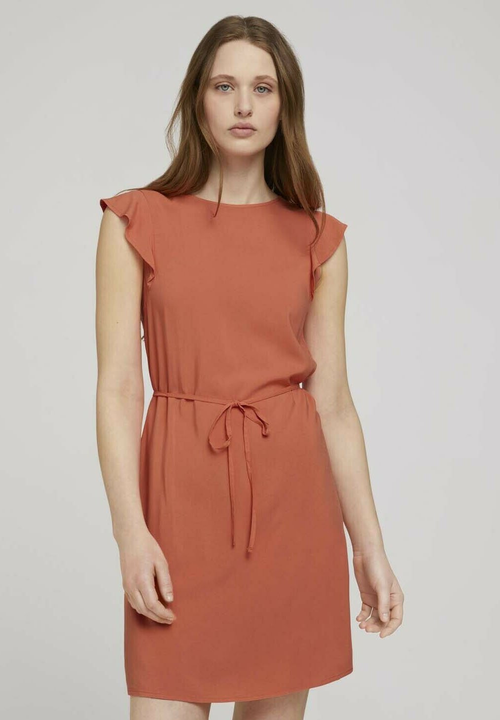 Tom Tailor Denim With Ruffle Sleeve Day Dress Sundown Coral Light Red Zalando De