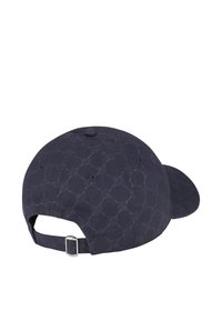 Marineblaue Baseballmütze mit strukturiertem Muster, gebogenem Schirm, verstellbarem Riemen hinten und einem Knopf oben.