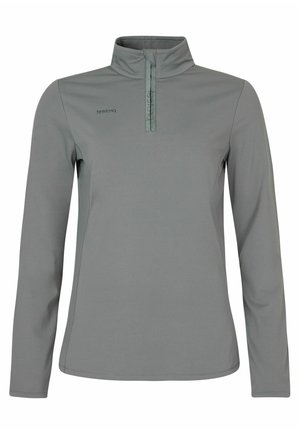 Světle šedý pulover s dlouhými rukávy a polo zipem, s plochými švy a logem na levé straně. Vyrobeno z materiálu, který odvádí vlhkost.