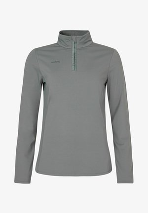 Světle šedý pulover s dlouhými rukávy a polo zipem, s plochými švy a logem na levé straně. Vyrobeno z materiálu, který odvádí vlhkost.