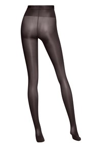 Sorte gennemsigtige strømpebukser med en glat tekstur, høj talje og ingen synlige syninger, der viser et tætsiddende design fra bagperspektiv.