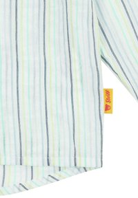 Camicia a righe in blu chiaro, verde e grigio, realizzata in tessuto leggero. Presenta un piccolo etichetta gialla con un logo di orso.