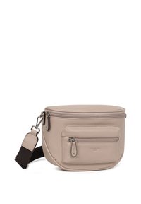 Borsa a tracolla in pelle beige di forma rotonda, con chiusura superiore a zip, tasca frontale con zip, tracolla in tessuto regolabile e logo discreto sul davanti.