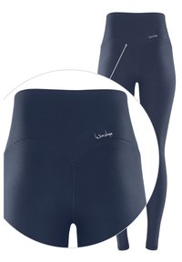 Laivastonsiniset legginsit korkealla vyötäröllä, valmistettu sileästä, joustavasta materiaalista. Sisältää V-muotoisen sauman suunnittelun ja hillityn logon edessä.