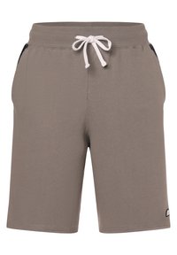 Bermudas deportivas grises hechas de una tela suave, con una cintura elástica y un cordón blanco, además de bolsillos laterales.