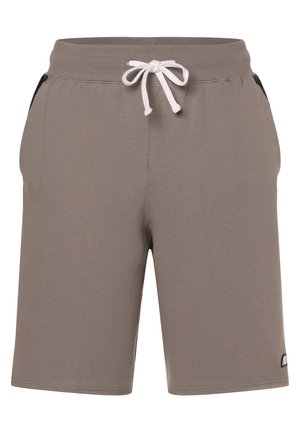 Bermudas deportivas grises hechas de una tela suave, con una cintura elástica y un cordón blanco, además de bolsillos laterales.