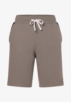 Bermudas deportivas grises hechas de una tela suave, con una cintura elástica y un cordón blanco, además de bolsillos laterales.